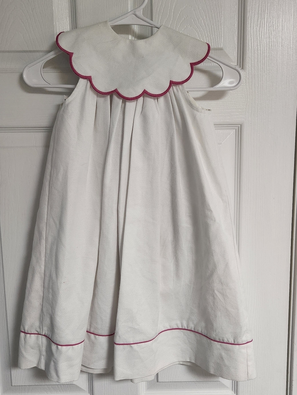 White Girls' Scalloped Collar Dress with Pink Trim